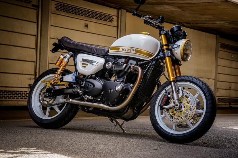 Custom Triumph Speed Twin motorcycle with white paint, gold accents, and brown leather seat in a concrete garage.