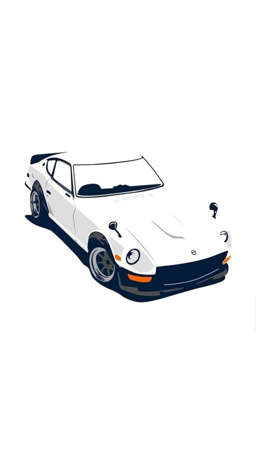White Datsun 240Z sports car featuring a dark blue front splitter, retro wheels, and sleek minimalist contours.