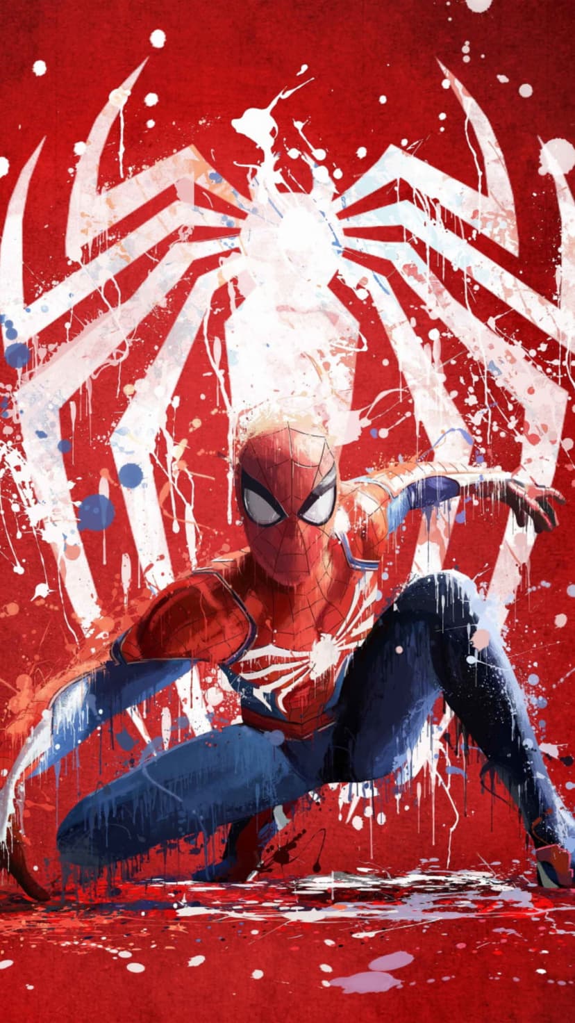 Spider-Man crouches in a dynamic pose against a red background featuring white and blue paint splatter effects.