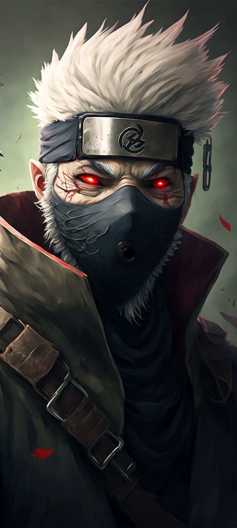 Kakashi Hatake with silver hair and a red Sharingan eye wears a black mask against a smoky green background.