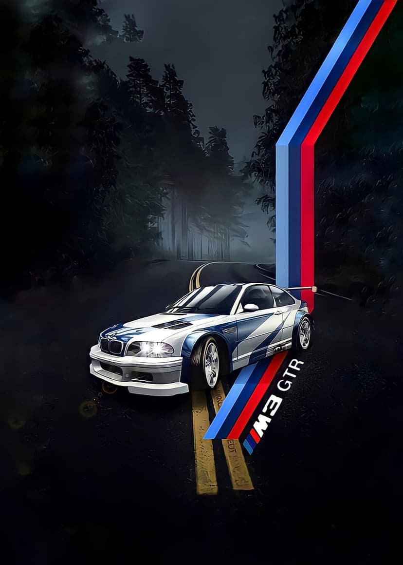 BMW M3 GTR with blue and white livery racing on a dark forest road under streaks of red and blue light.