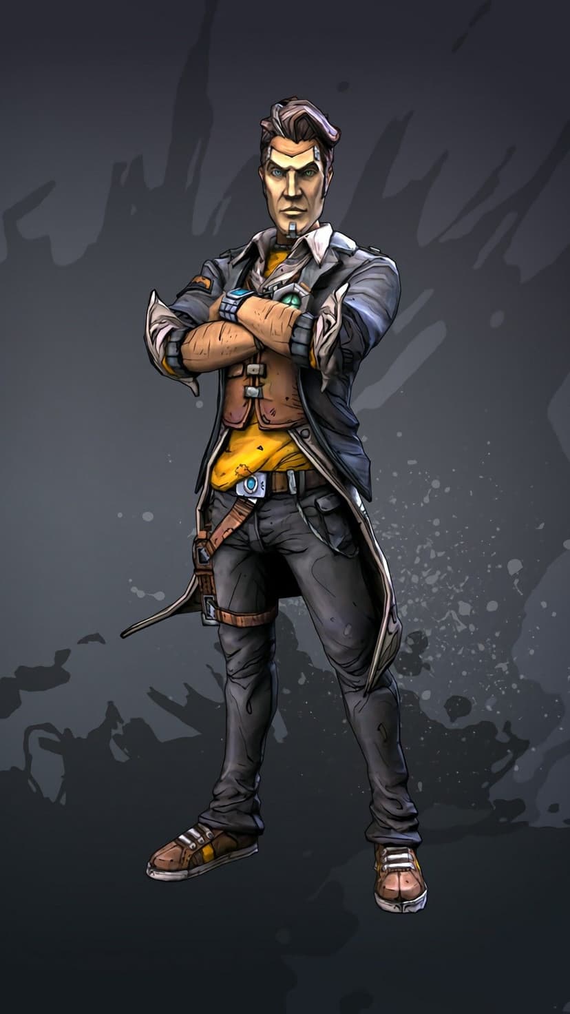 Handsome Jack from Borderlands stands with arms crossed against a splattered gray background in cel-shaded art.