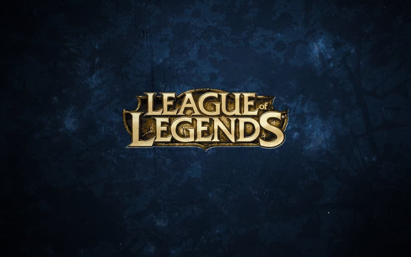 Golden League of Legends logo centered on a dark navy blue background with grunge textures and scratches.