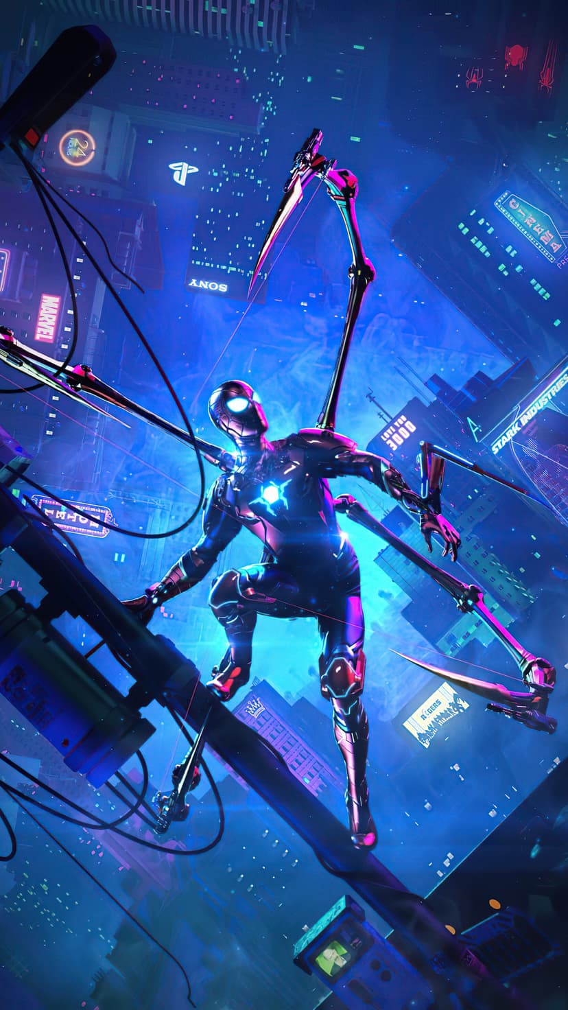Spider-Man with glowing purple mechanical wings perches above a blue neon city skyline at night with skyscrapers.