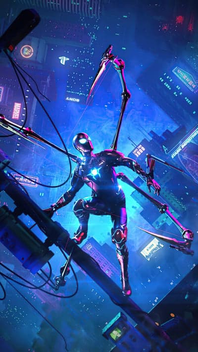 Spider-Man in Futuristic Neon City with Mechanical Wings
