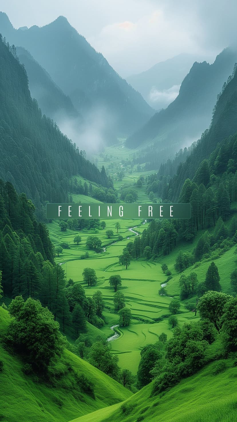 Misty green mountain valley with terraced fields and a winding river below the white text Feeling Free in the sky.