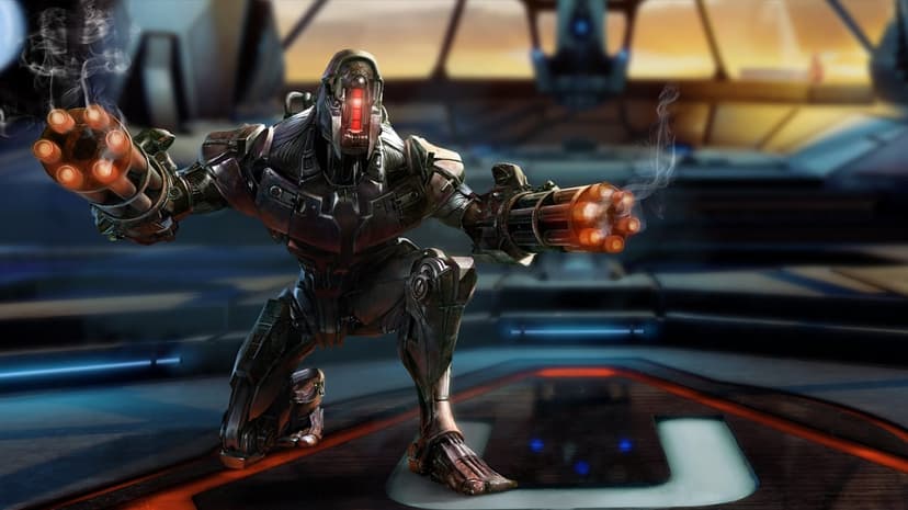 Robotic warrior in a crouch holding smoking orange glowing gatling guns in a futuristic hangar at sunset.