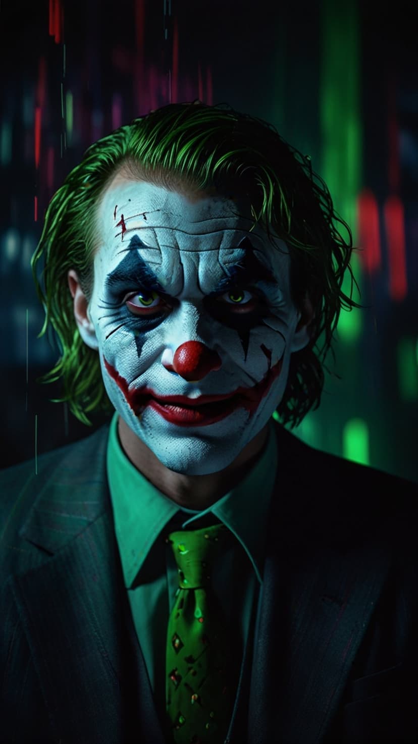 Joker with green hair and clown makeup stares intensely against a blurred background of colorful city lights.