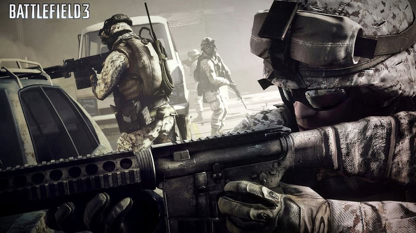 Soldiers in desert camouflage with rifles move through a smoky city street in a tactical combat scene.