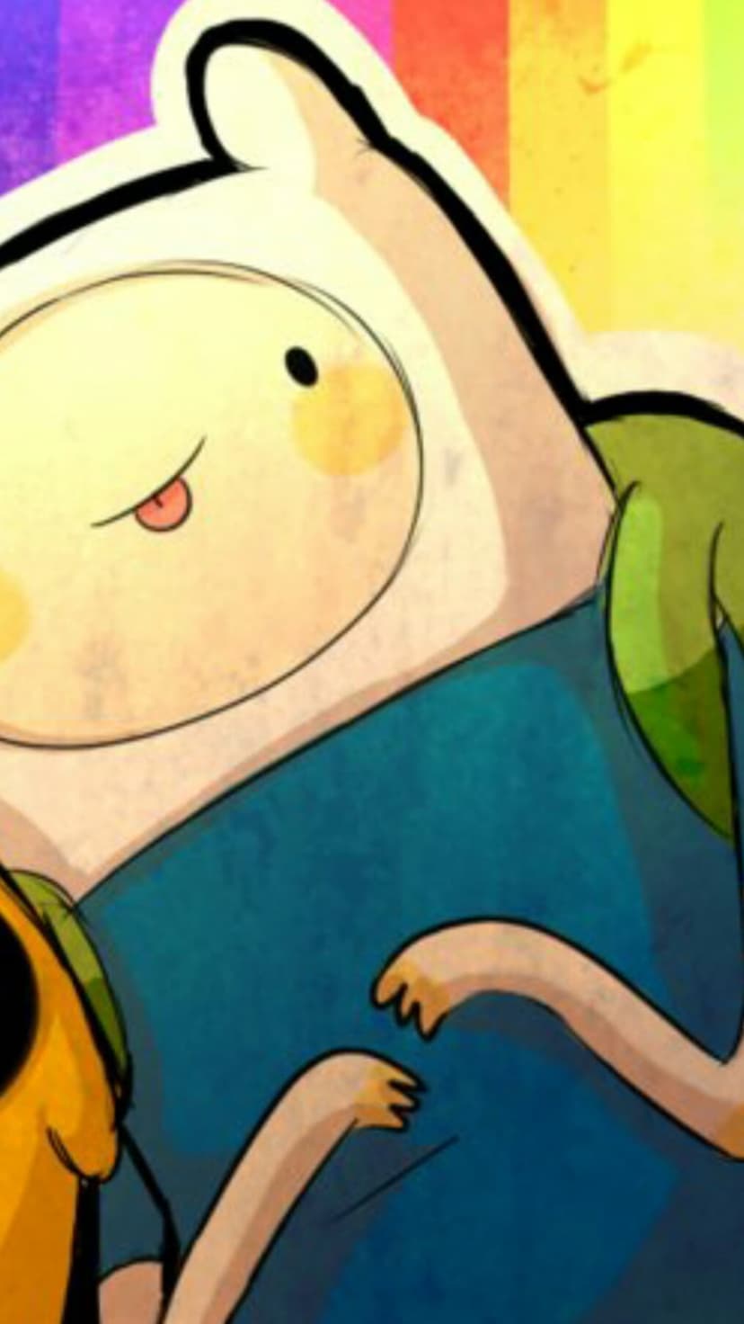 Finn the Human peeks out from behind Jake the Dog against a vibrant vertical rainbow color gradient backdrop.