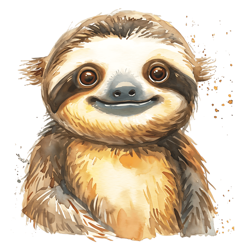 Baby sloth watercolor illustration sits against a black background showing textured brown fur and soft lighting.