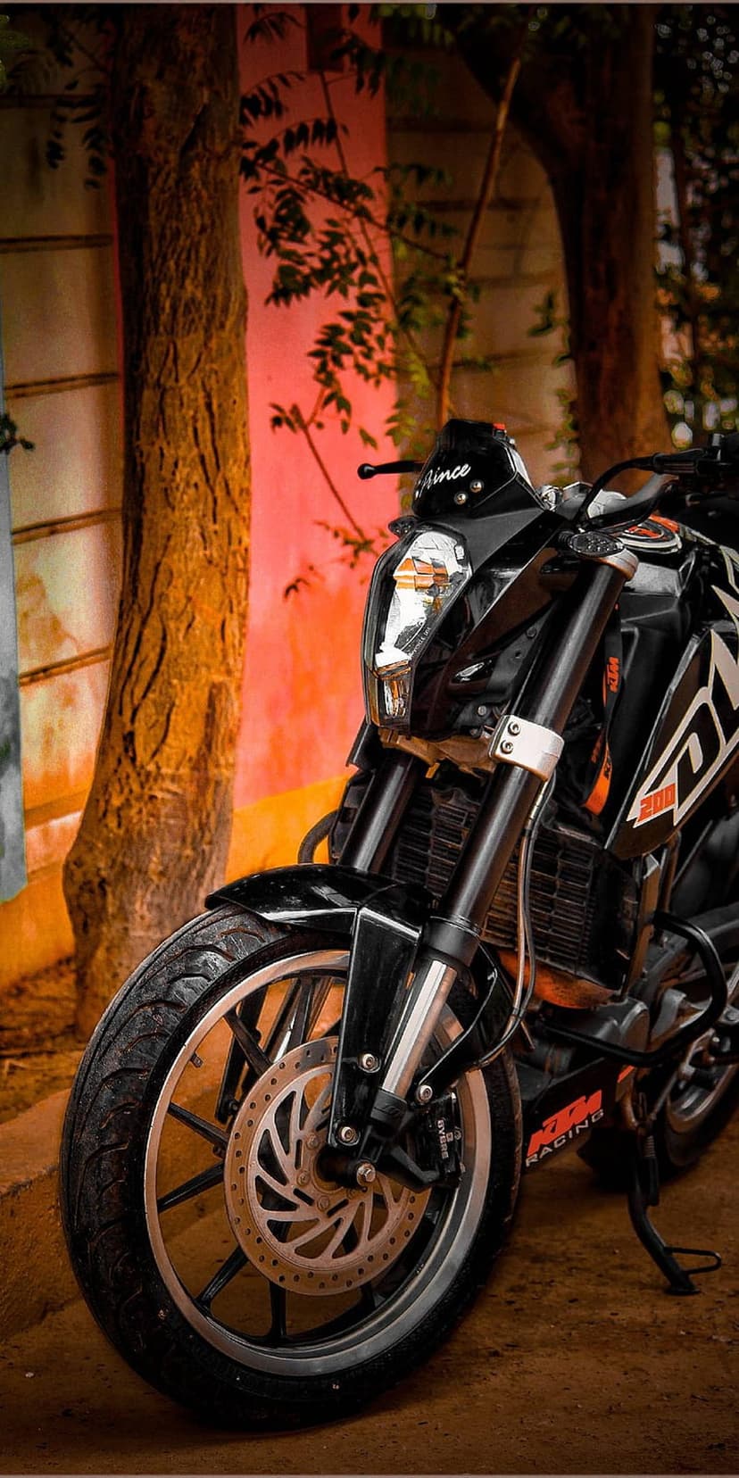 KTM Duke 200 motorcycle with orange suspension parked in front of a textured red wall and green tree branches.