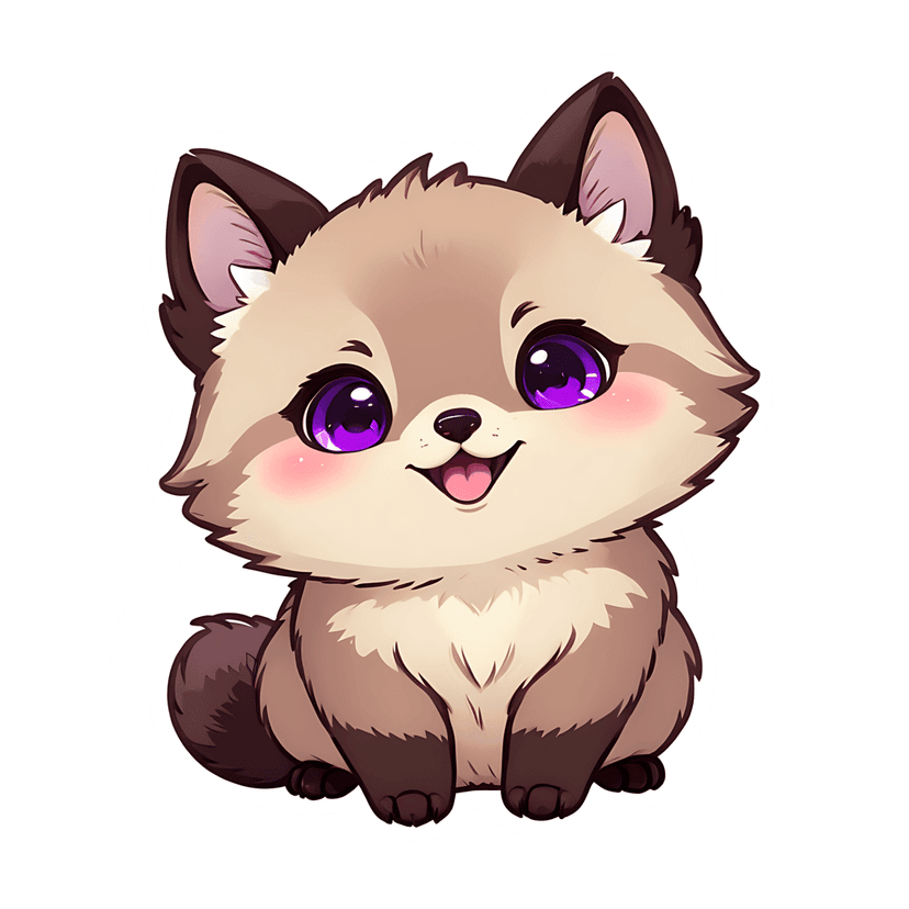 Beige fox kit sticker illustration with fluffy fur, purple eyes, and a white outline in a front-facing pose.