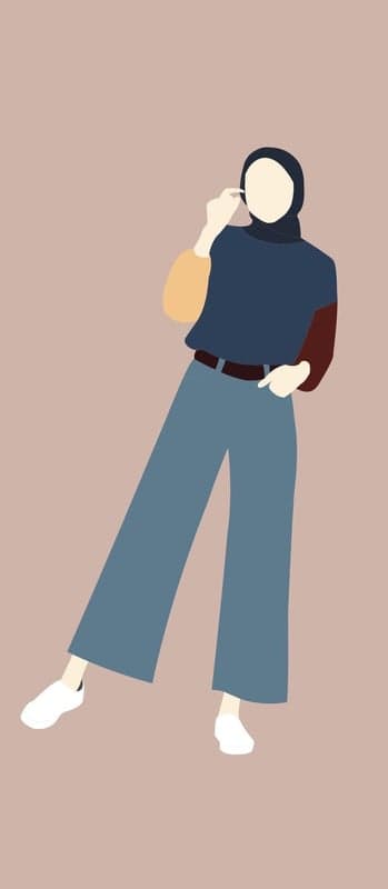 Minimalist illustration of a woman in hijab and wide-leg pants