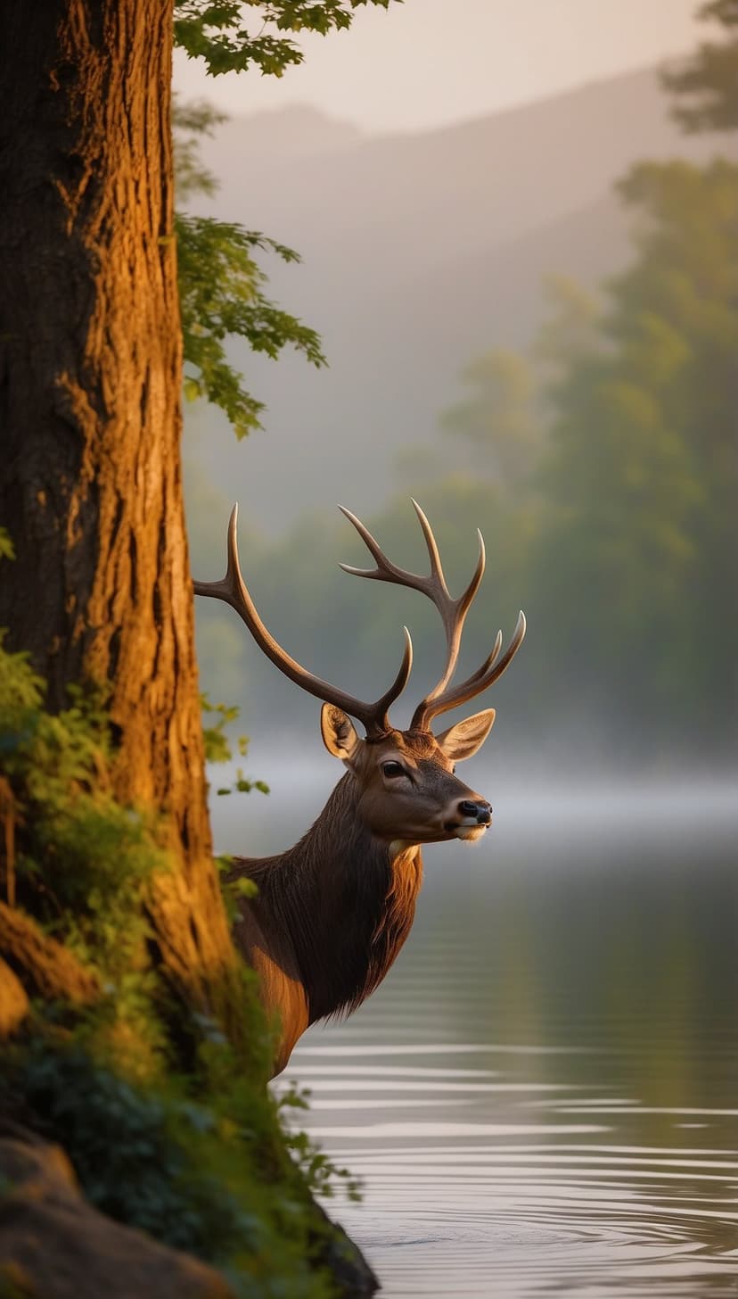 Bull elk with large antlers stands behind a tree overlooking a misty lake during a golden forest sunrise.