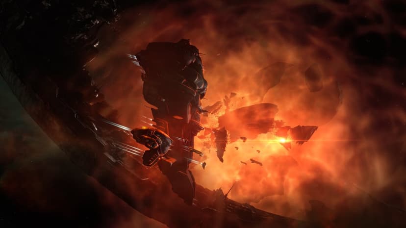Dark spacecraft silhouetted against a glowing orange nebula with smaller ships and debris in deep space.