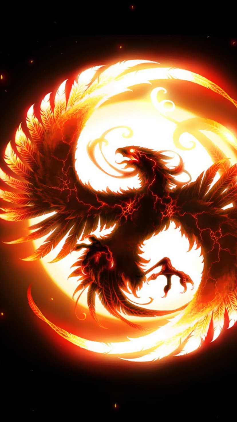 Phoenix with outstretched red feathers soaring from a bright golden sun against a dark, spark-filled background.