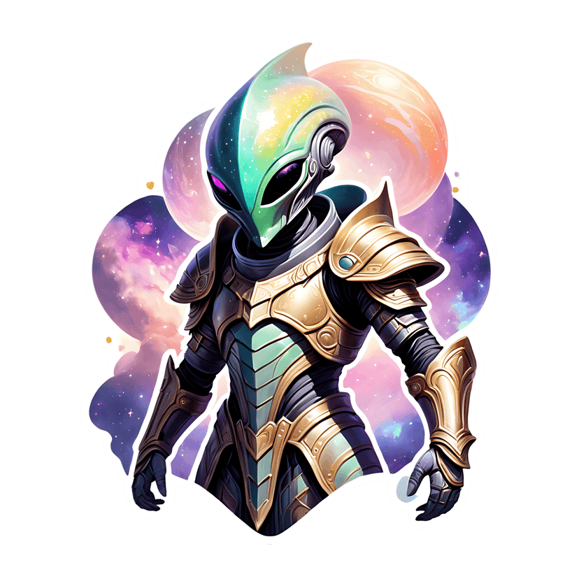 Armored alien warrior with glowing purple eyes wearing a teal iridescent helmet against a nebula background.