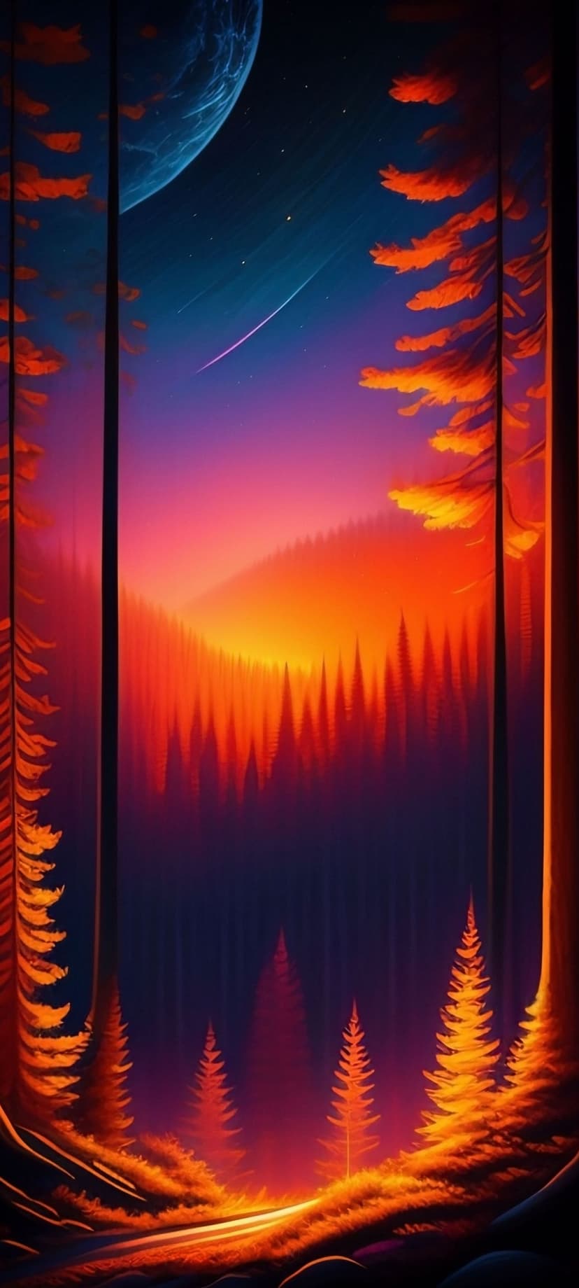 Silhouetted pine trees stand before a vibrant orange sunset with a large cratered planet and a falling meteor.
