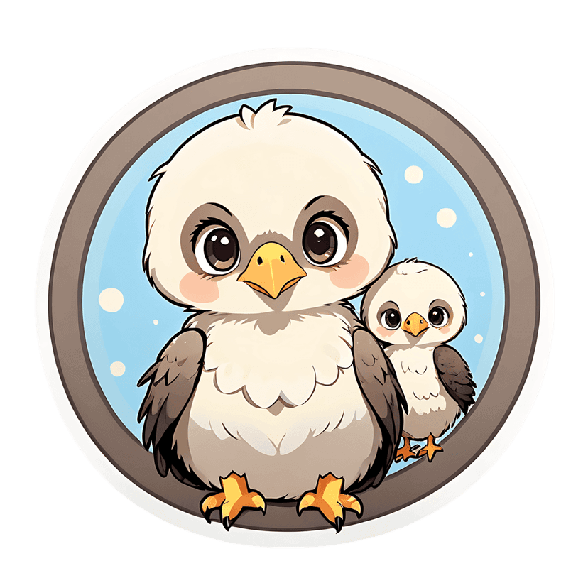 Beige baby owlets sticker featuring fluffy feathers and large eyes inside a blue circular frame with brown border.