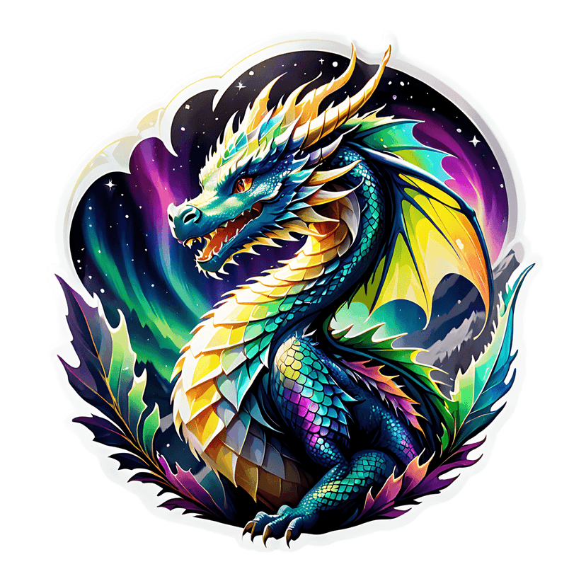 Iridescent rainbow dragon sticker with shimmering scales set against a starry night sky and snowy mountains.