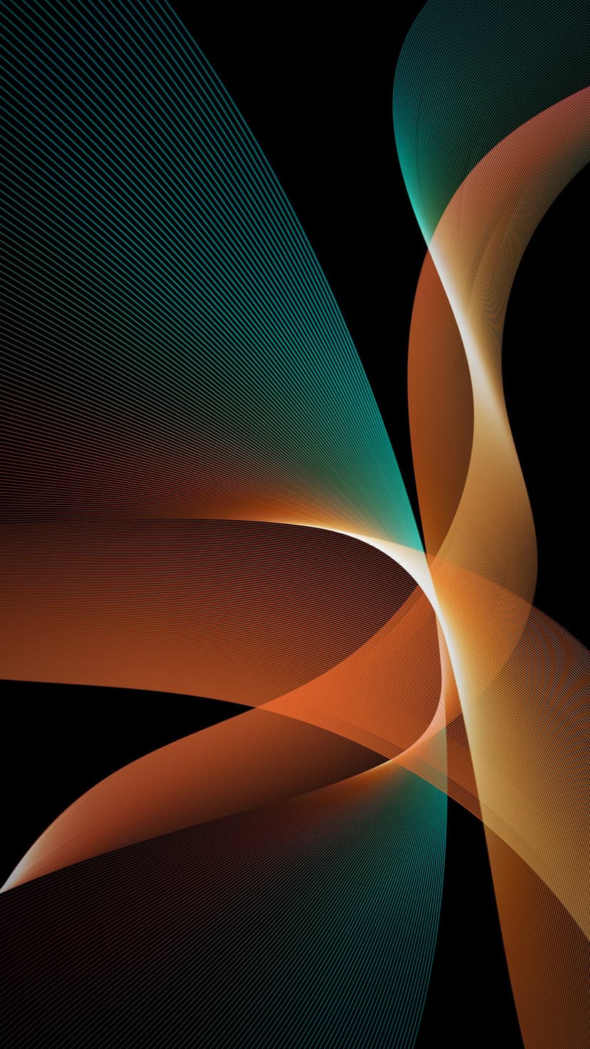 Intertwined teal and orange luminous waves curve across a black backdrop with smooth gradients and deep shadows.
