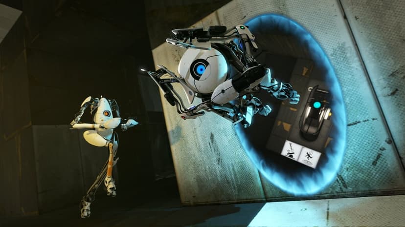 Atlas robot jumping through a blue glowing portal while P-body stands in a dark industrial test chamber.