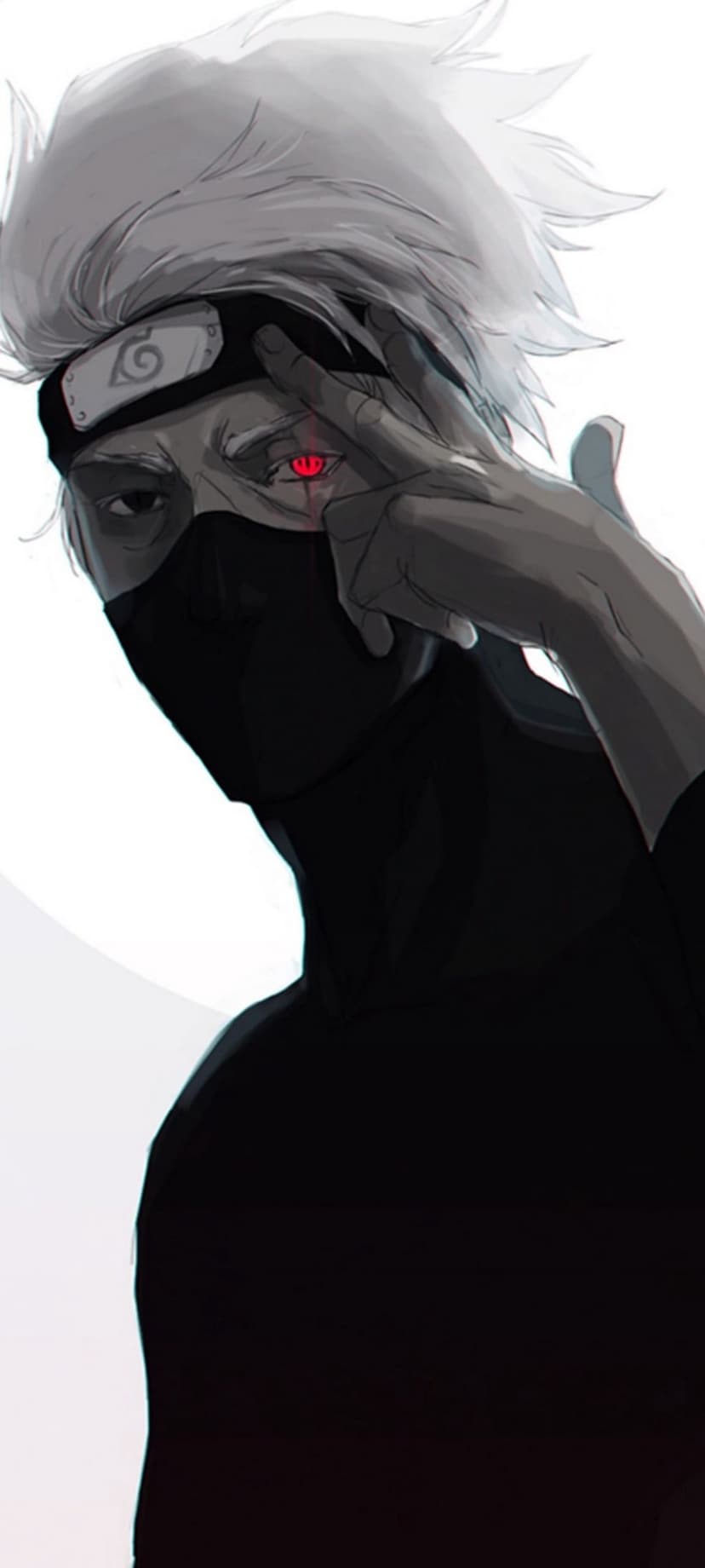 Kakashi Hatake wears a blue mask and leaf village headband while his left eye glows with a red Sharingan pupil.