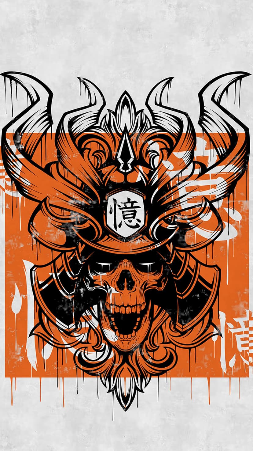 Human skull wearing an orange samurai helmet with kanji characters, featuring black dripping paint effects.