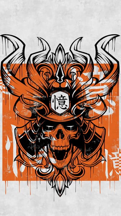 Fiery Orange Samurai Skull Japanese Portrait Phone Wallpaper