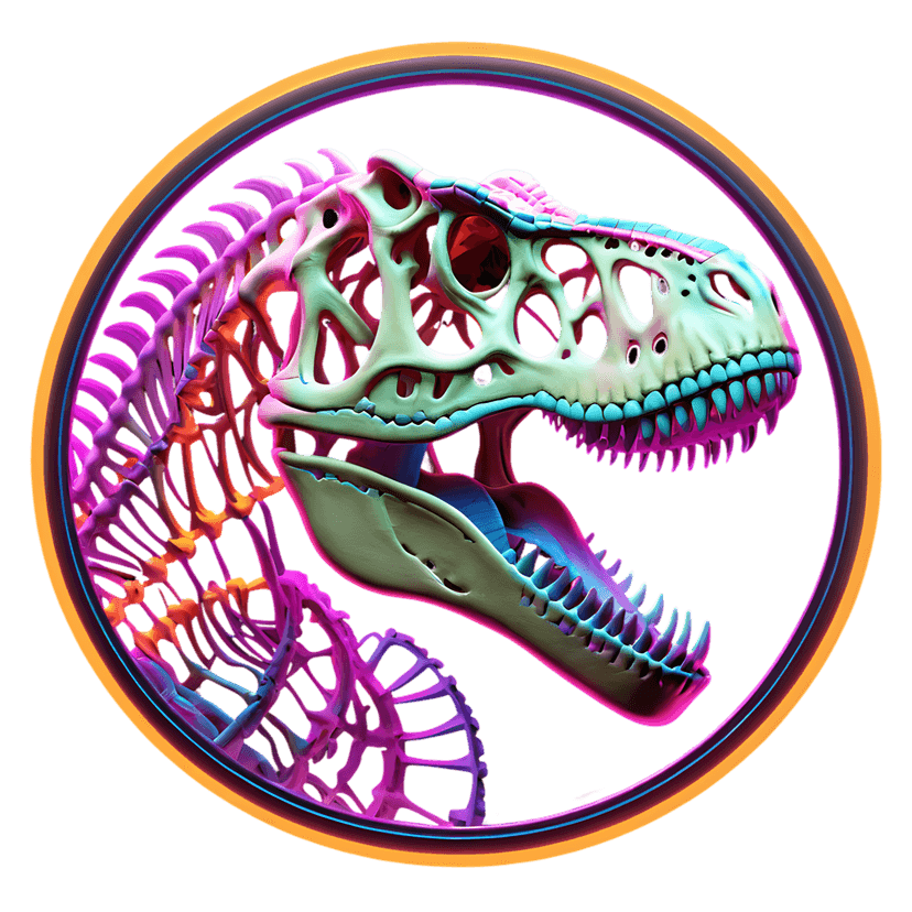 Neon dinosaur skeleton sticker with iridescent glowing 3D textures in a black circular frame profile view.