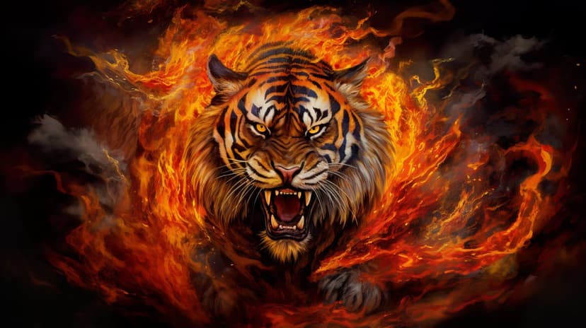 Tiger roaring with bared teeth while surrounded by intense orange and red flames and floating glowing embers.