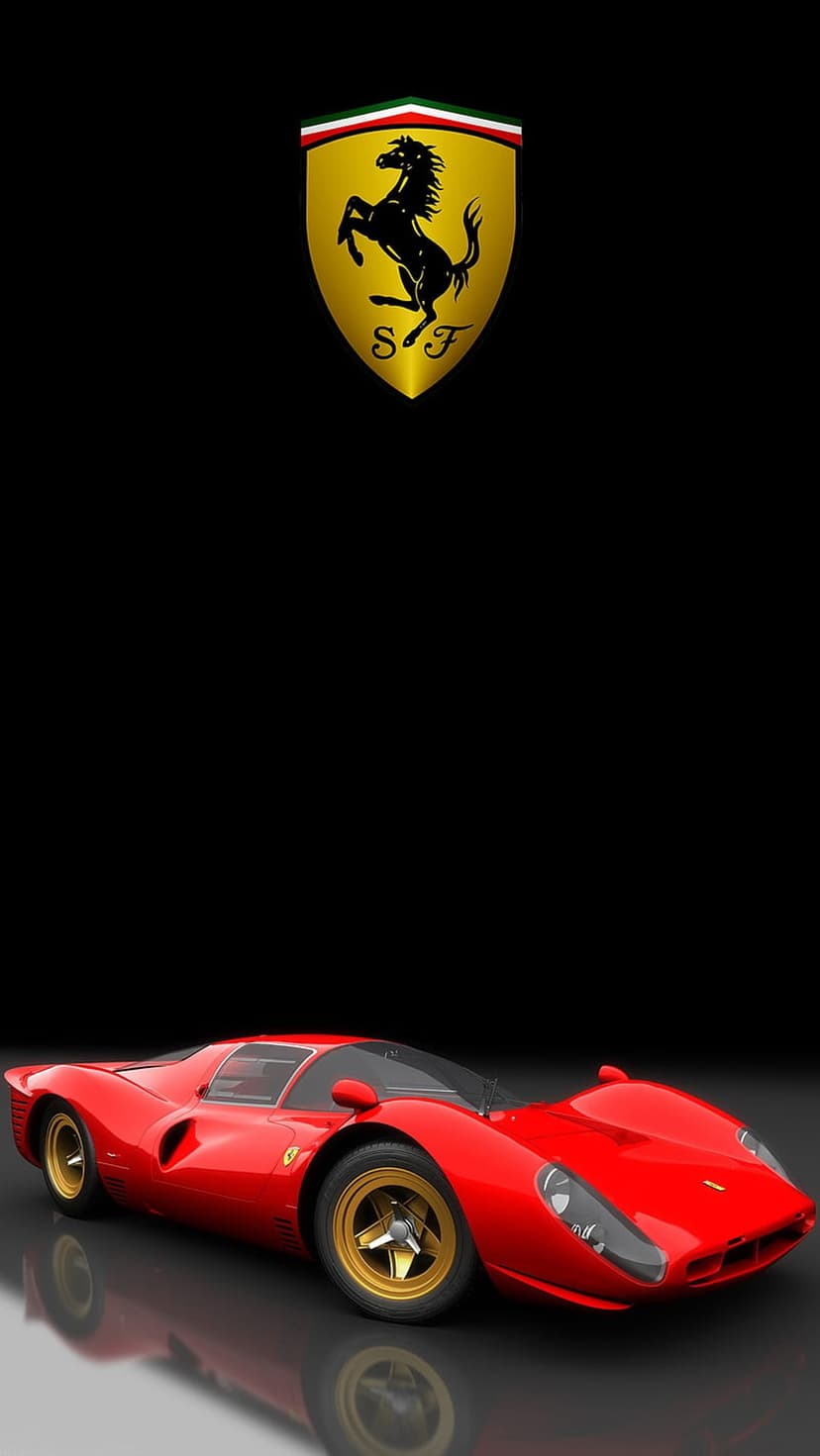 Red Ferrari sports car with golden rims parked beneath a yellow Prancing Horse crest on a black background.