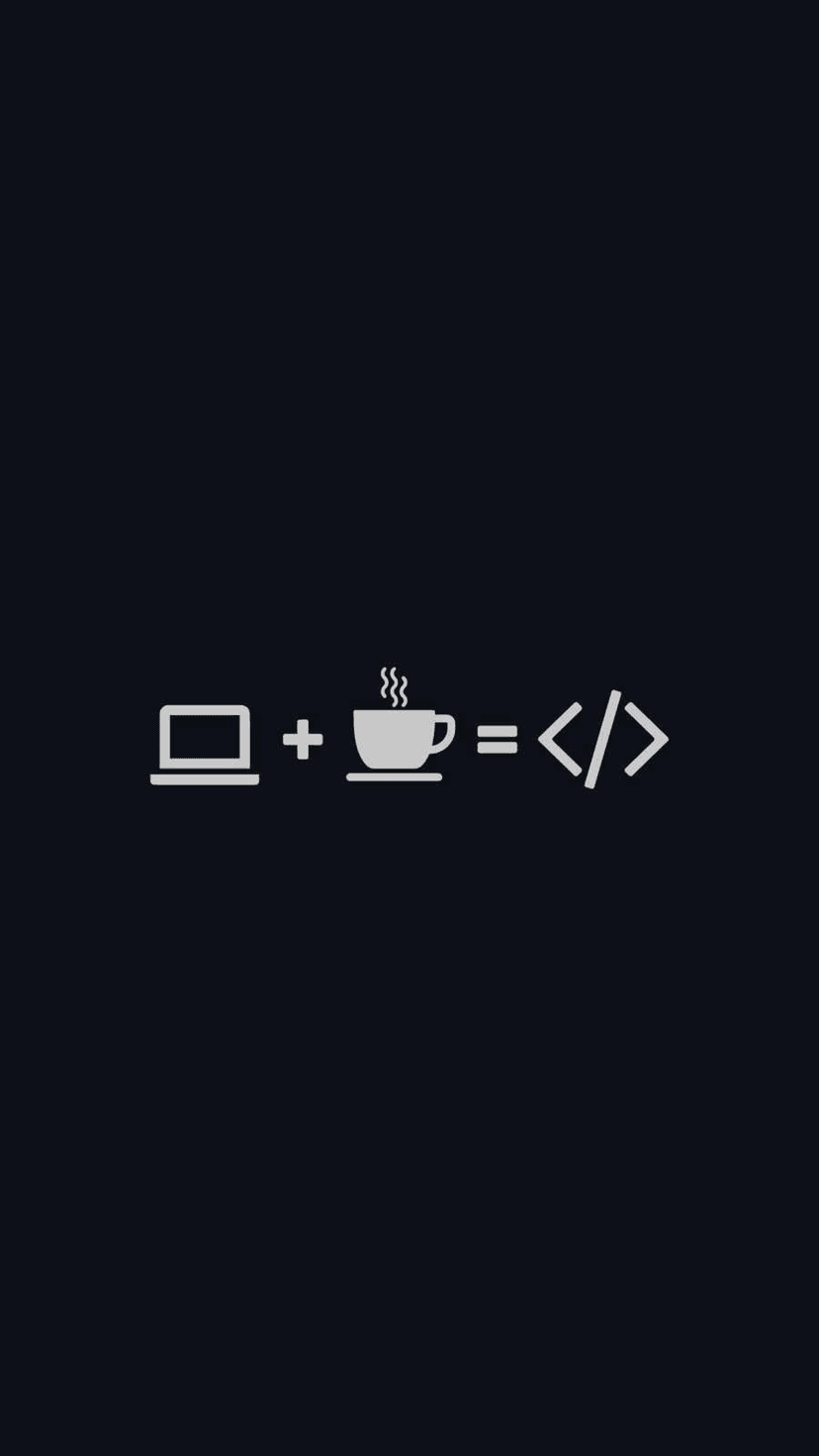 White laptop and coffee mug icons next to coding brackets arranged as an equation on a dark gray surface.