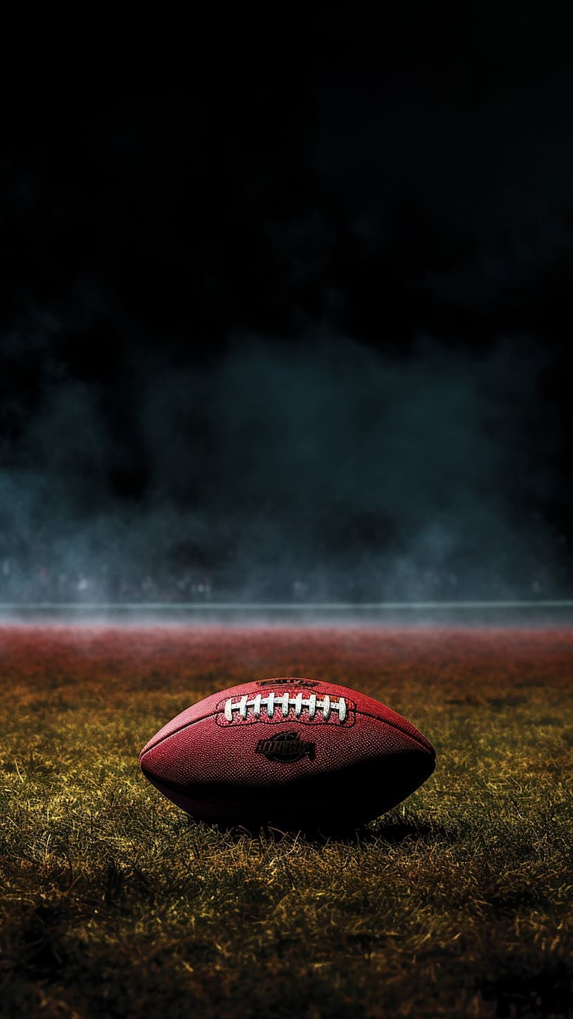 American football with white laces rests on green grass under dark smoky night lighting with a faint red glow.