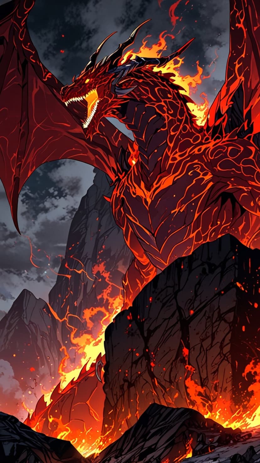 Red dragon with glowing scales and a mane of fire soaring above a volcanic eruption and molten lava rivers.