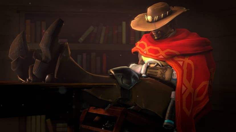 Cassidy from Overwatch relaxes in a library with boots on a table, wearing a red poncho and cowboy hat.