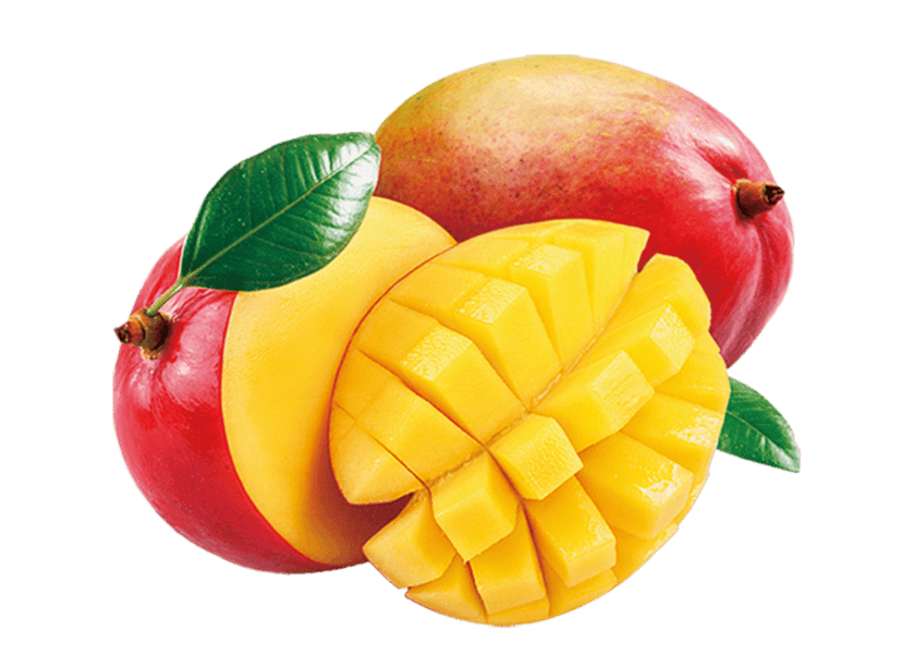 Red mangoes illustration featuring two ripe fruits with green leaves against a transparent background.