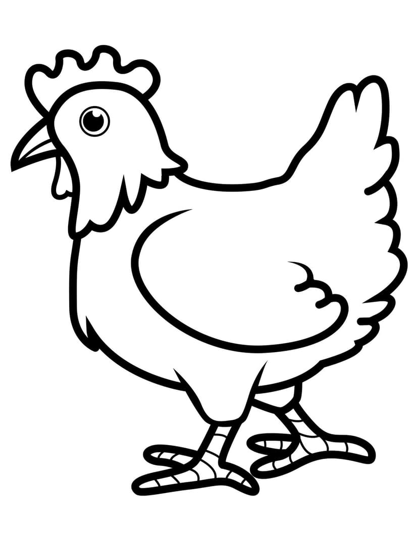 Hen line art illustration showing a feathered chicken profile with a comb and beak on a white background.