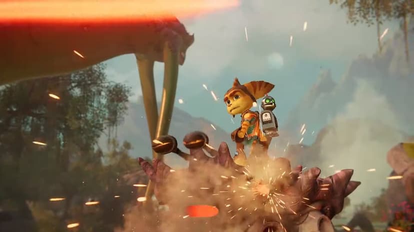 Ratchet and Clank stand amidst golden sparks and dust clouds on a rocky surface against a mountain backdrop.