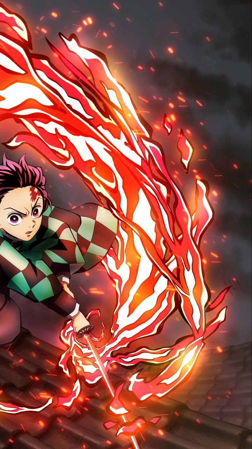 Tanjiro Kamado swings a sword wreathed in circular orange flames against a dark background with floating embers.