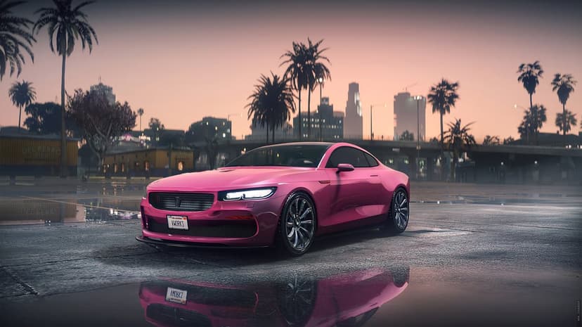 Pink sports car parked on wet pavement reflecting a city sunset with palm trees and a glowing skyline background.