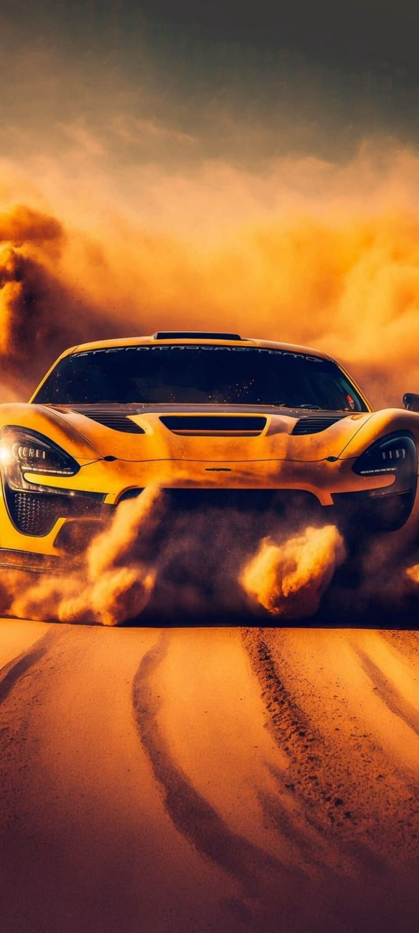 Yellow sports car drifting through a thick cloud of desert dust during a high-speed off-road rally race.