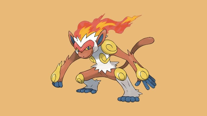 Infernape Pokémon with a flaming crown and gold armor crouches on a solid orange background in a battle stance.