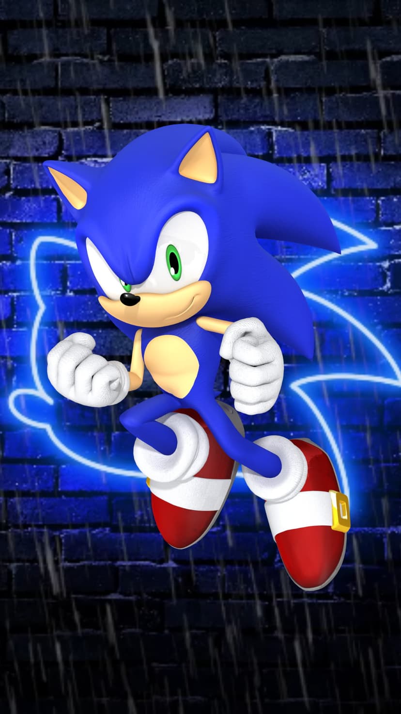 Sonic the Hedgehog runs beside a wet brick wall, outlined in blue neon light amidst falling rain and reflections.