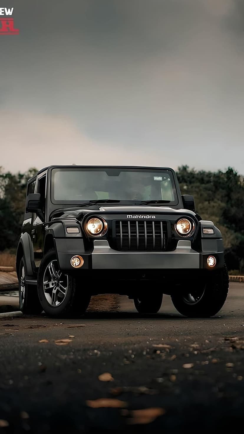 Black Mahindra Thar SUV featuring round headlights parked on grass near trees under a moody overcast sky.