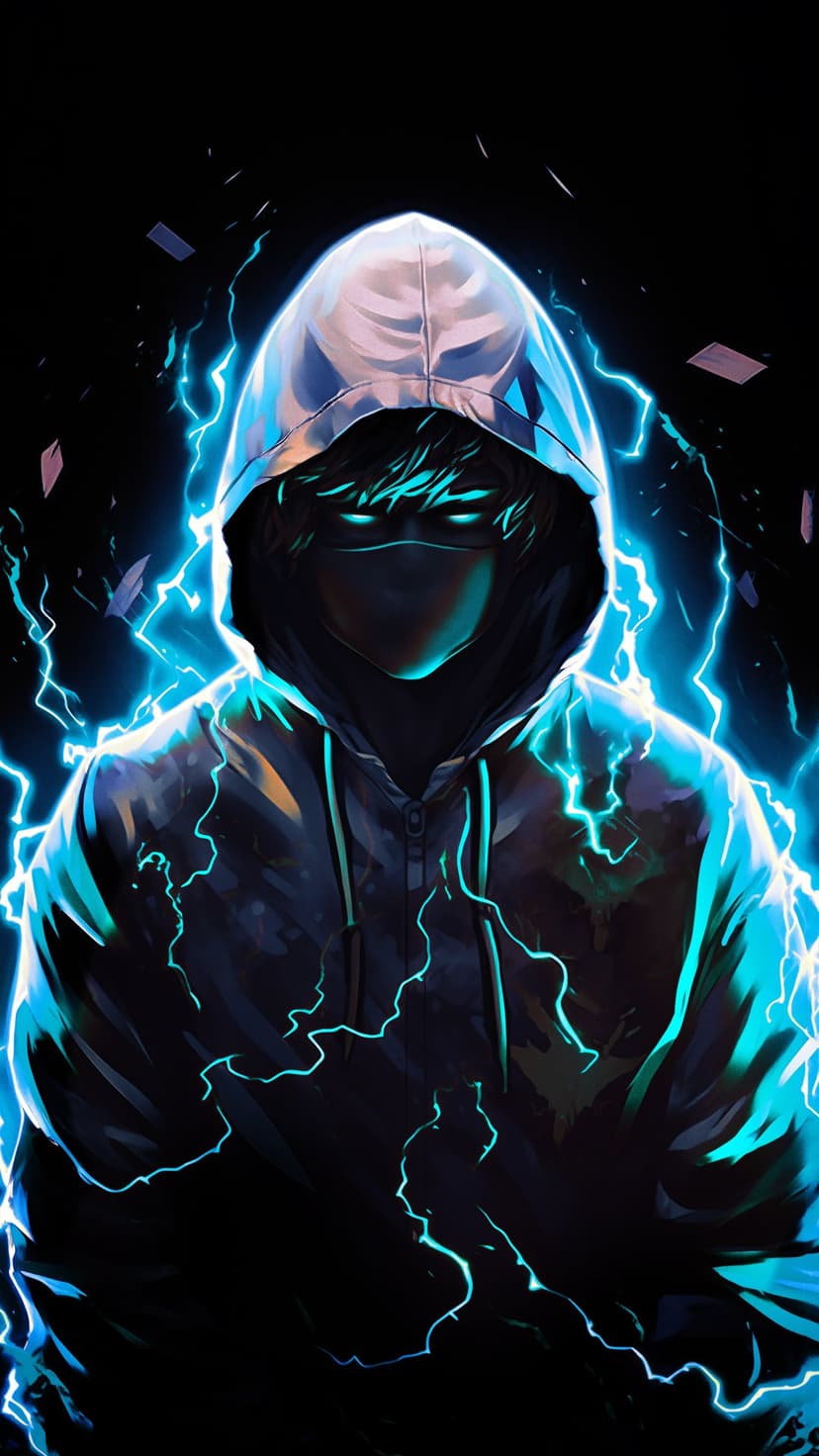 Hooded figure with glowing blue eyes and a face mask stands amid crackling neon lightning bolts against a dark sky.