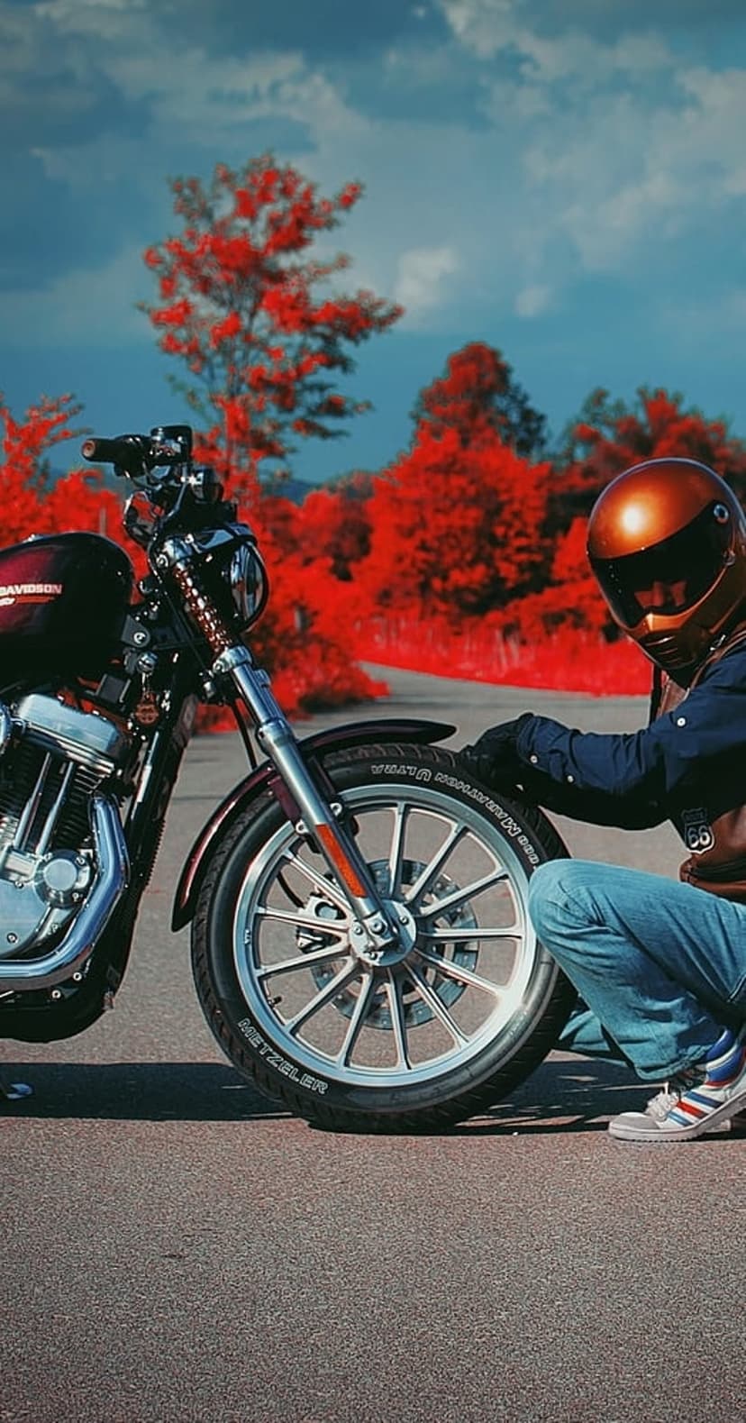 Biker in an orange helmet kneels by a Harley-Davidson front wheel with red autumn leaves under a cloudy sky.