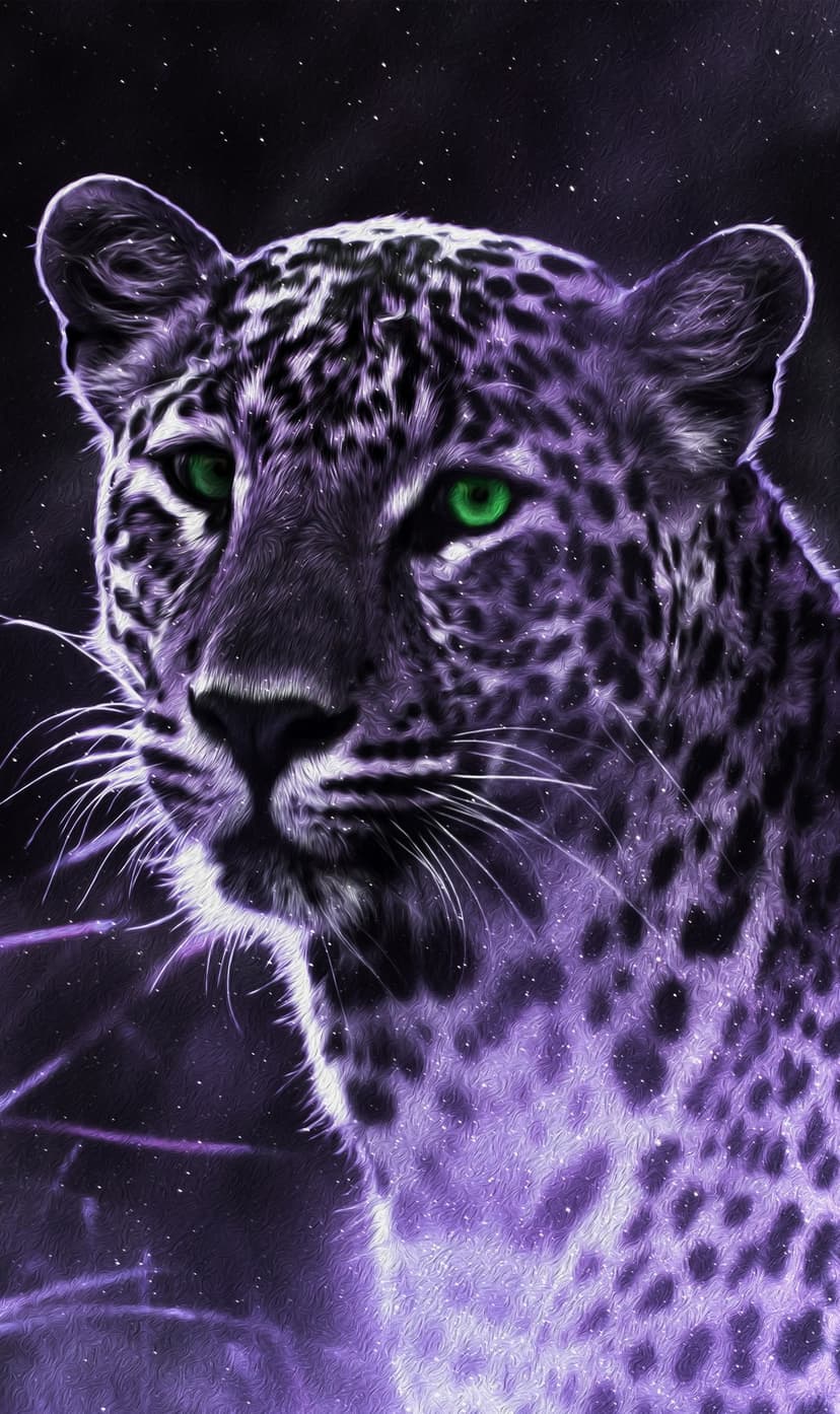 Purple leopard with glowing green eyes and sparkling stardust on its fur in a close-up portrait composition.
