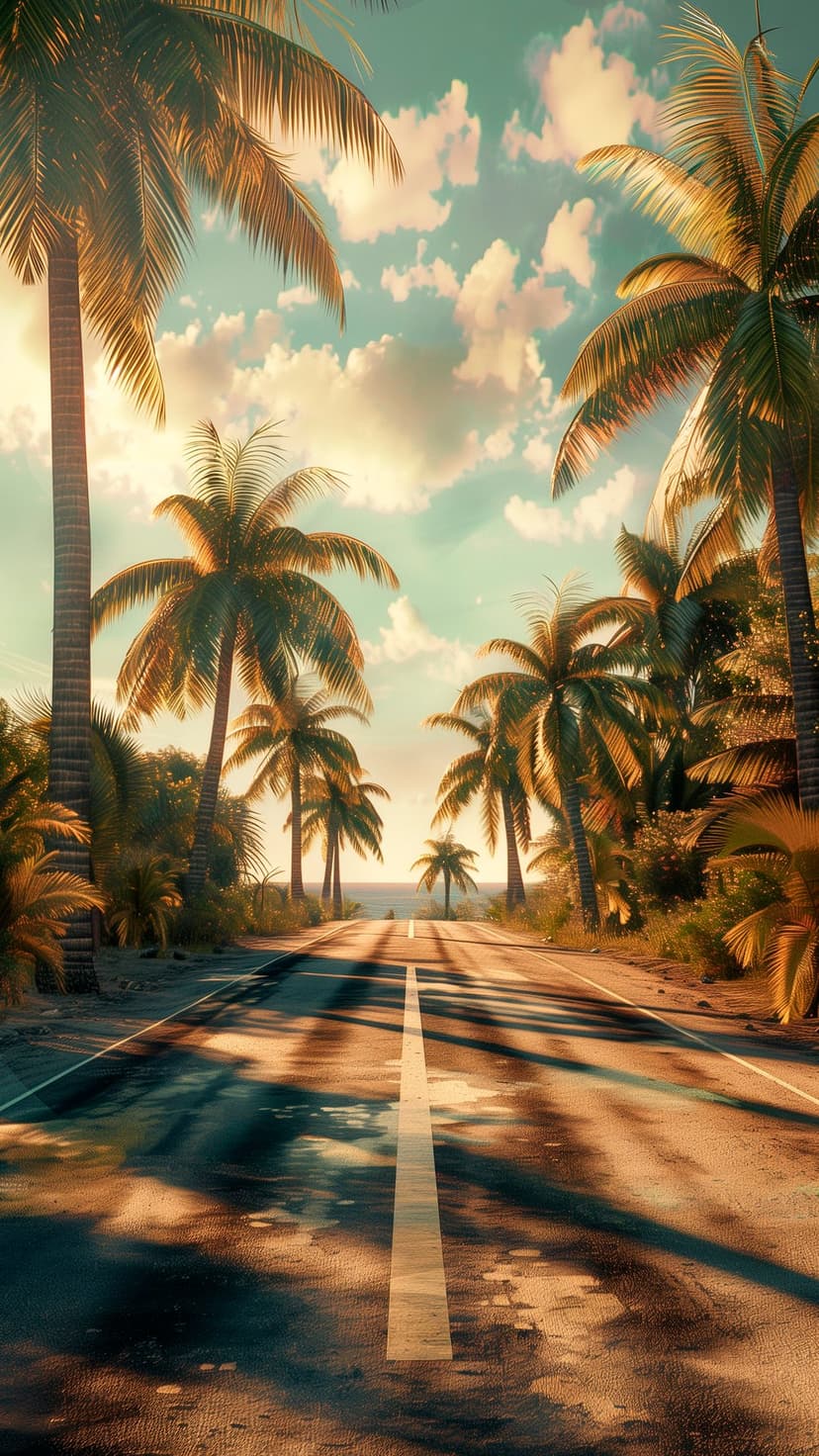 Winding coastal road flanked by tall palm trees leading to a blue ocean under a bright summer sky with soft clouds.